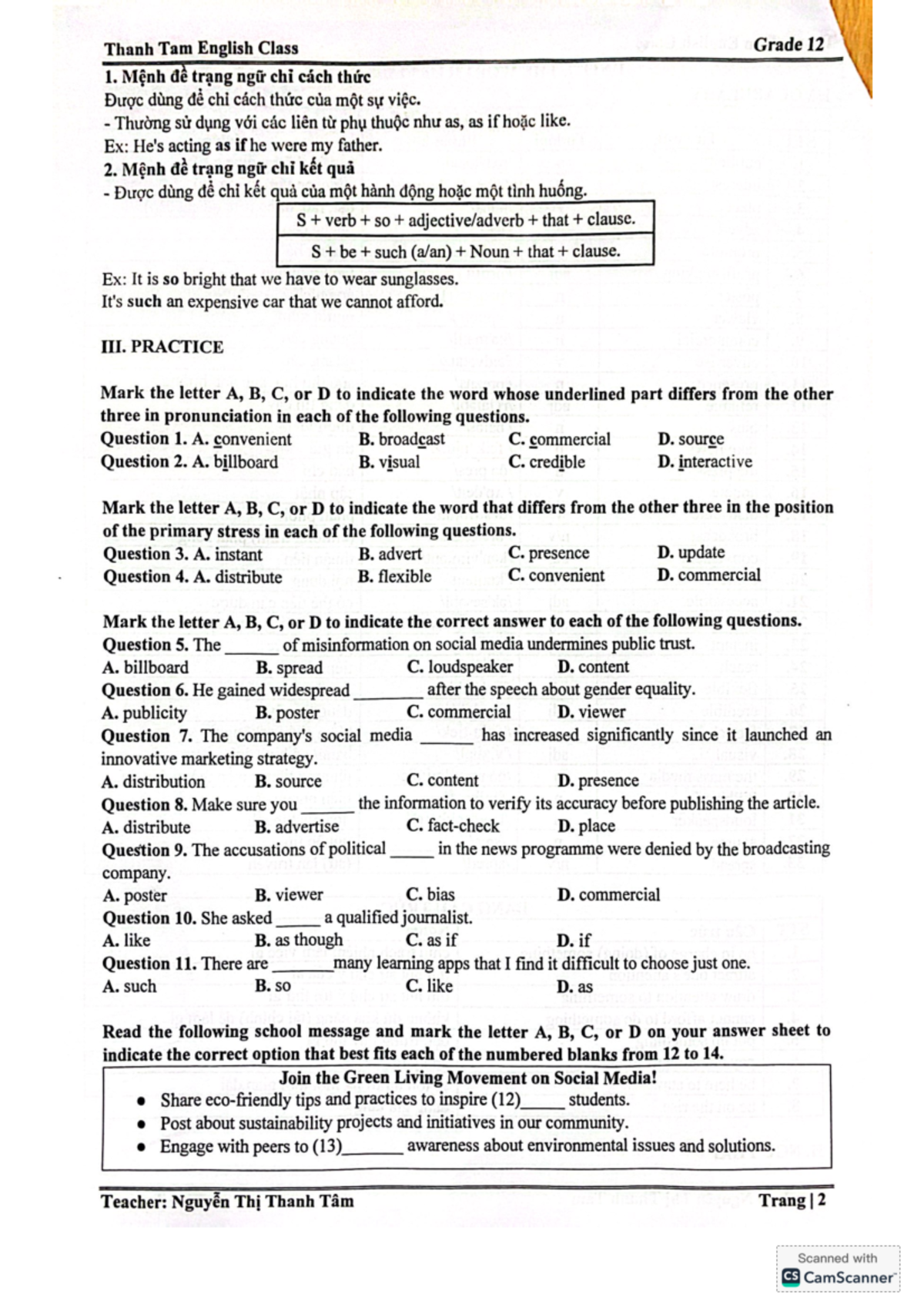 Grade 12 English Class Notes: Mệnh Đề & Media Literacy Practice - Studocu