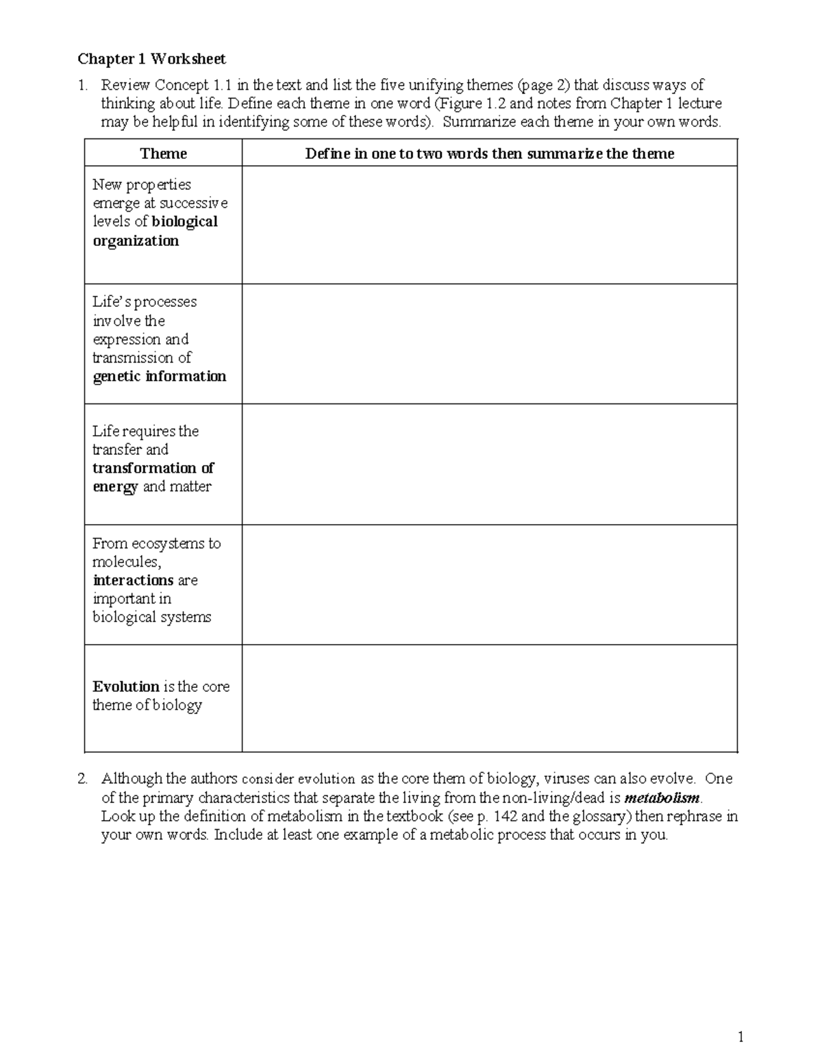 Biology 101: Chapter 1 Worksheet on Unifying Themes and Metabolism ...