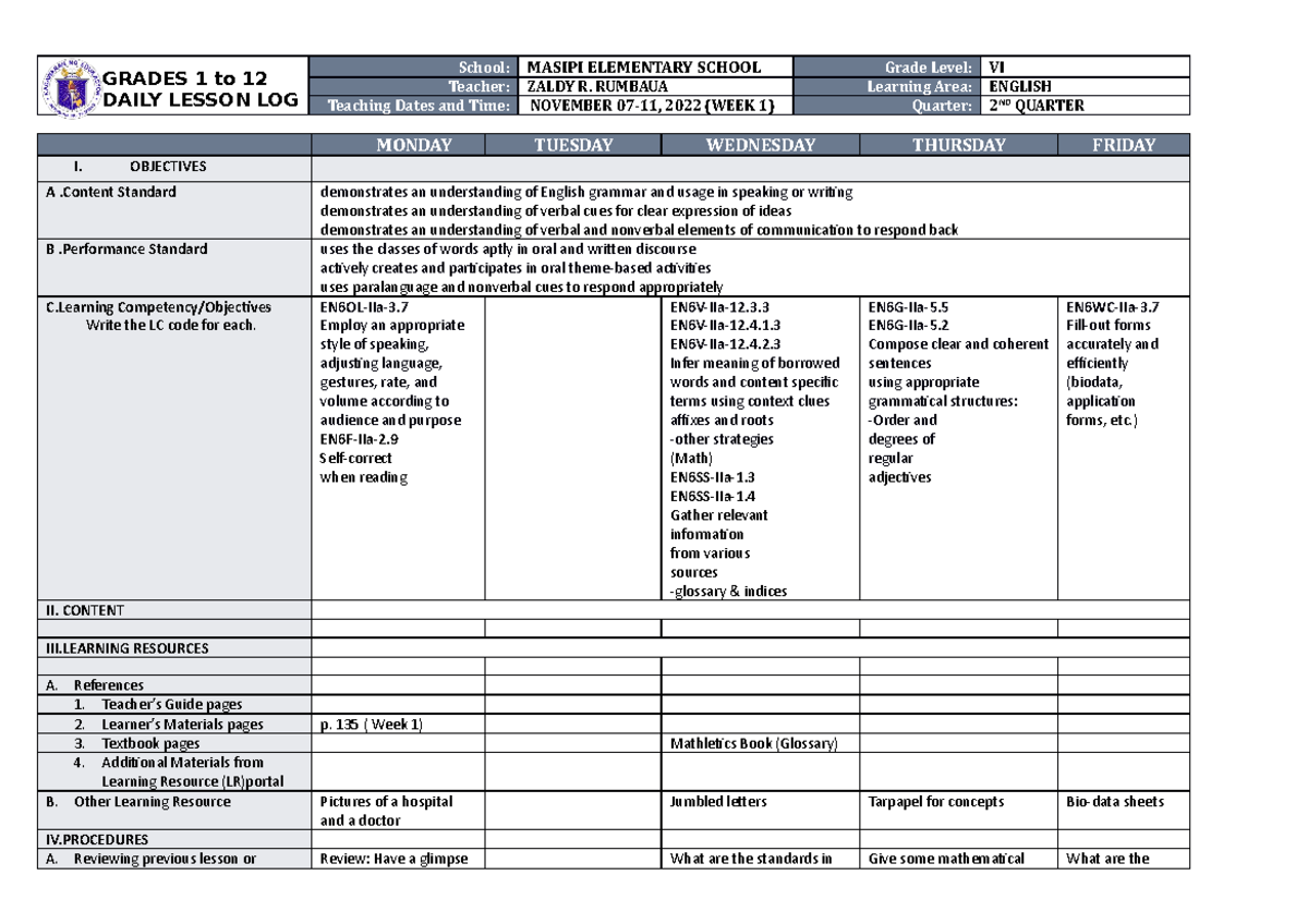 DLL English 6 Q2 W1 - Daily Lesson Log for Grade VI 2022 - Studocu
