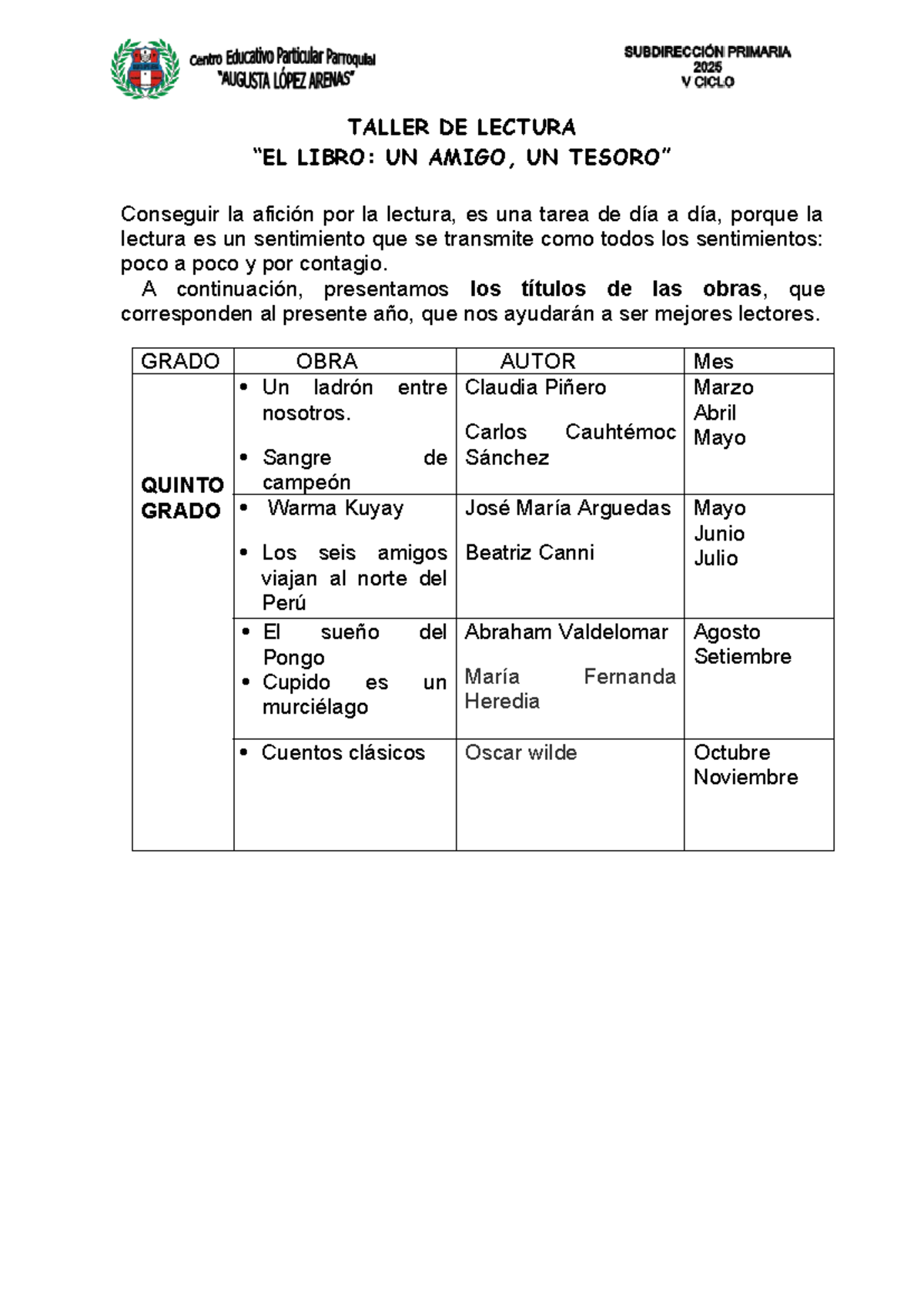Obras PLAN Lector 2025: Lectura para Quinto y Sexto Grado - Studocu
