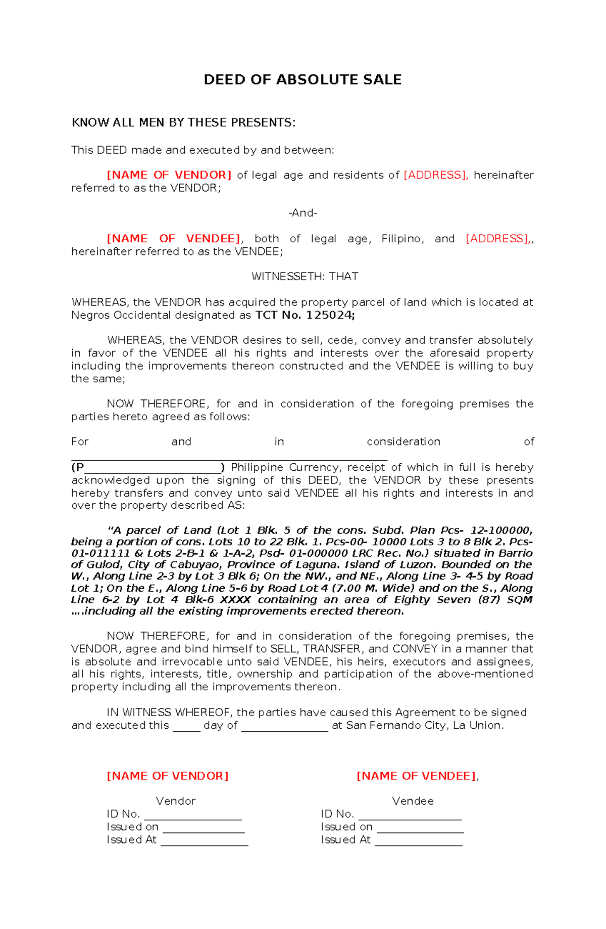 DEED OF ABSOLUTE SALE OF LAND TCT No. [Insert Number] - Studocu