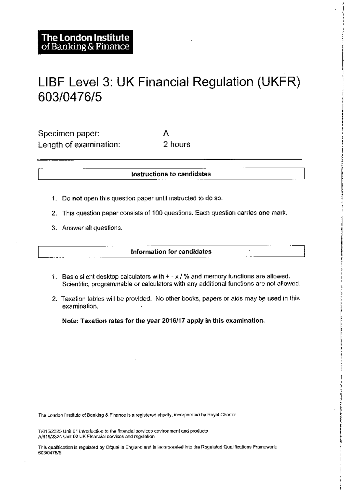UK Financial Regulation (UKFR) Specimen Paper A - December 2016 Exam ...