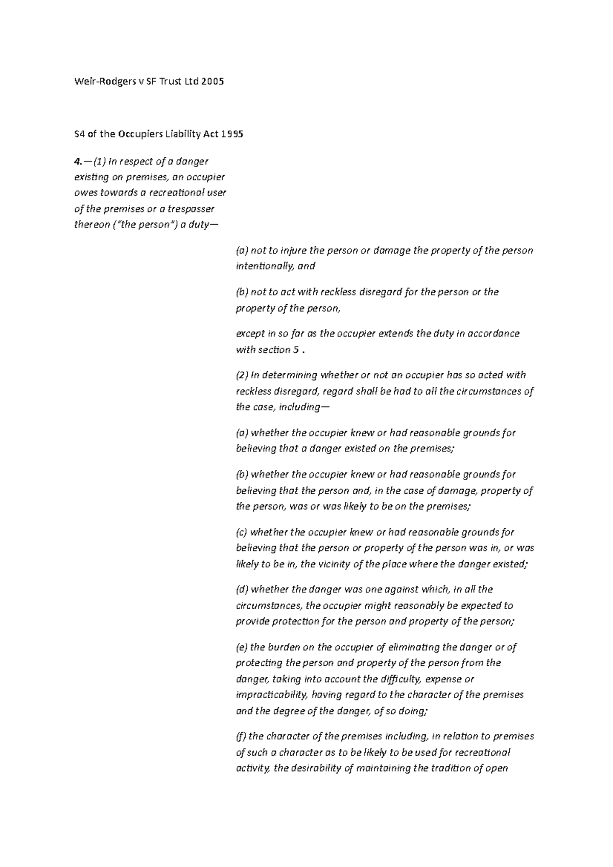 Weir-Rodgers v SF Trust Ltd - Case Study Notes on Occupier's Liability ...