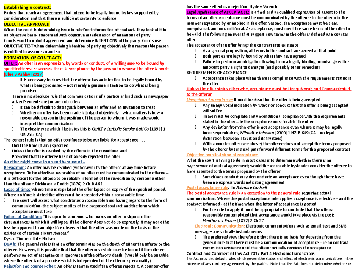 Mid Year Exam Notes 21 - 1: Key Concepts in Contract Law - Studocu