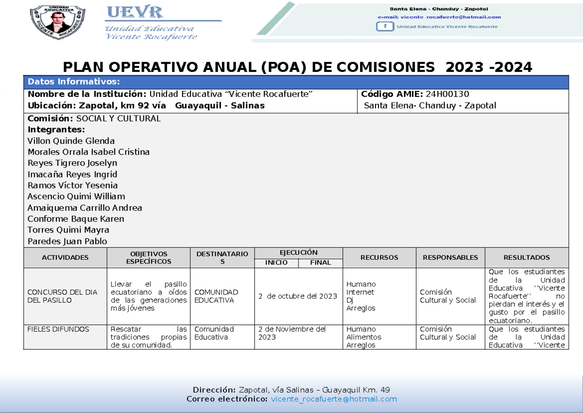POA Comisiones 2023 - 2024 social - PLAN OPERATIVO ANUAL (POA) DE ...