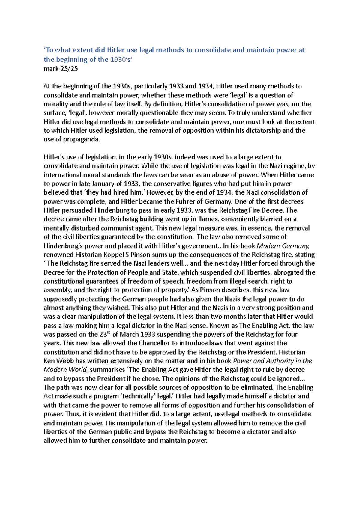 ‘The Legal Consolidation of Hitler's Power in the Early 1930s’ - Studocu