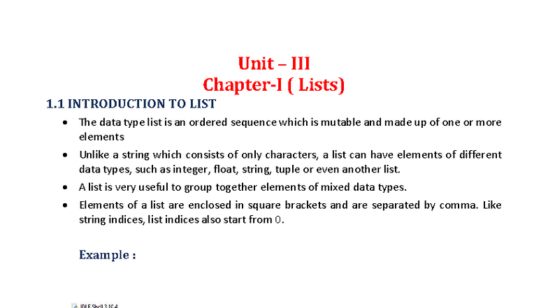 Unit (Lists) 1.1 Python Lists: Introduction and Operations - Studocu