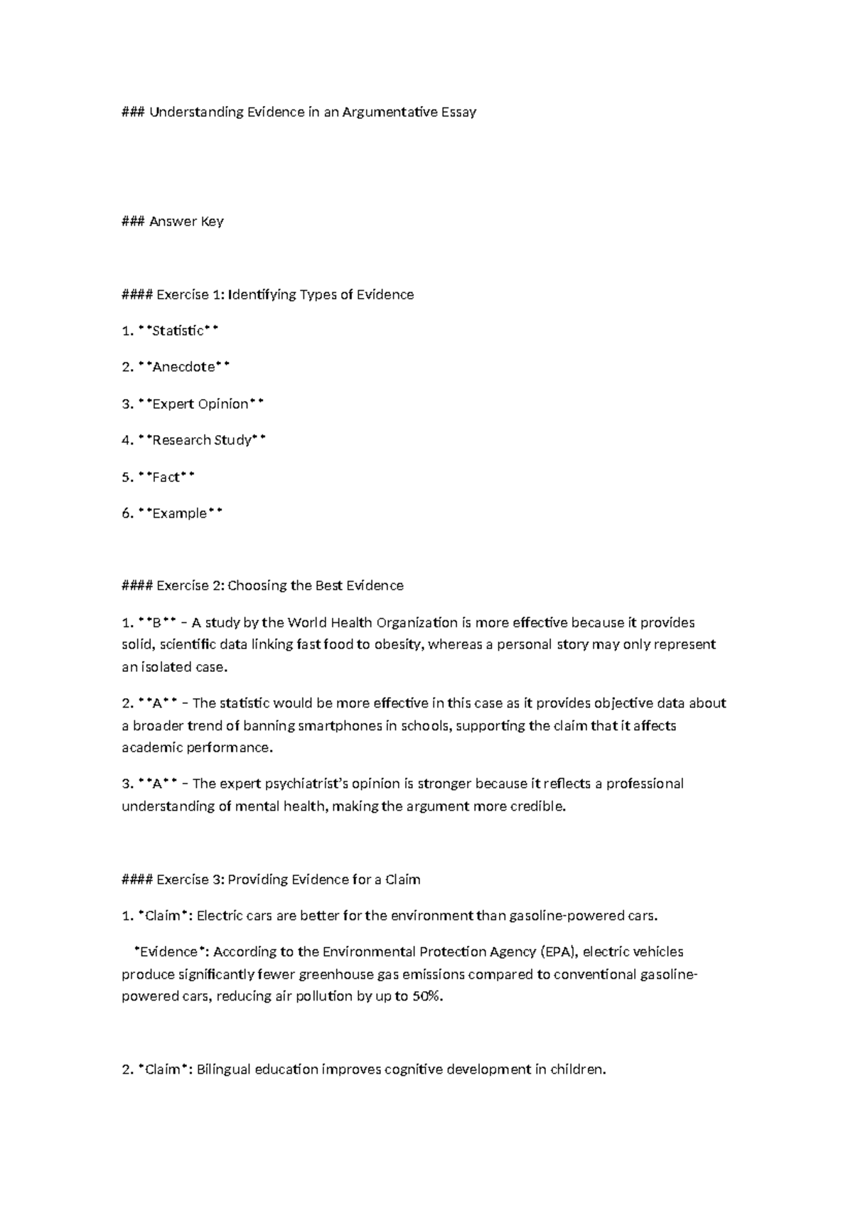 ENG 101: Understanding Evidence in Argumentative Essays - Answer Key ...