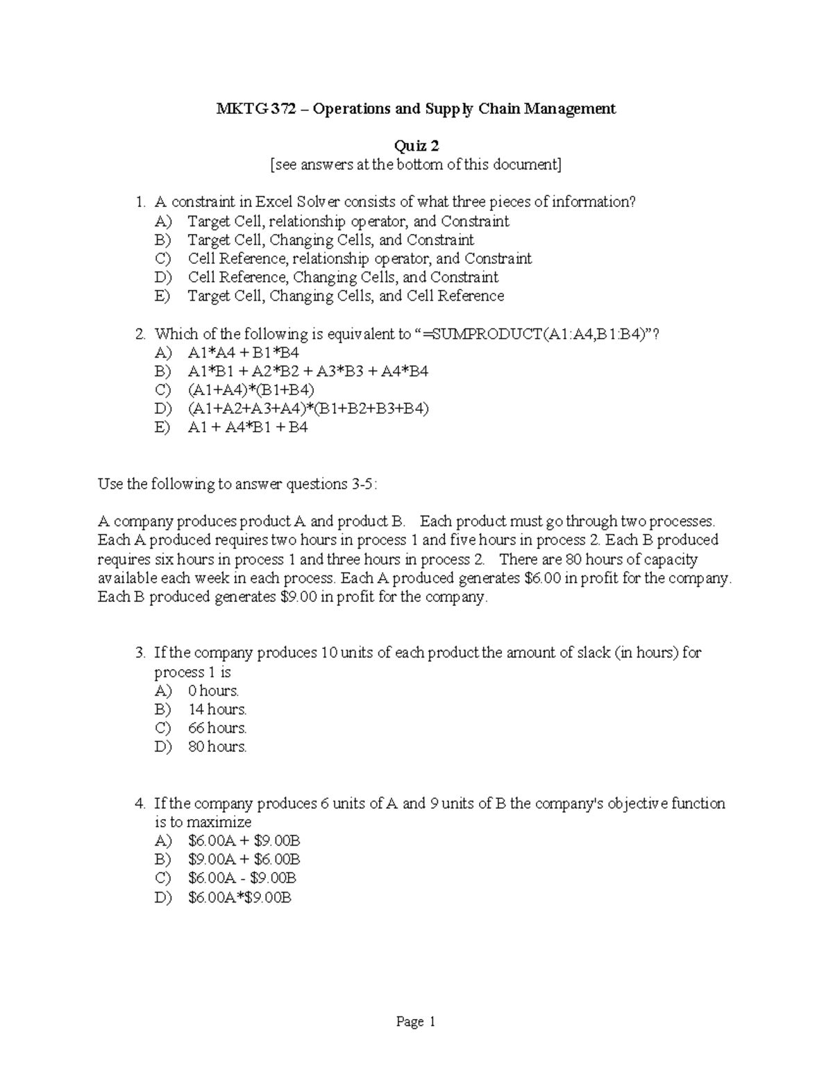 Quiz 2 372 - quiz 1 study materials - MKTG 372 – Operations and Supply ...