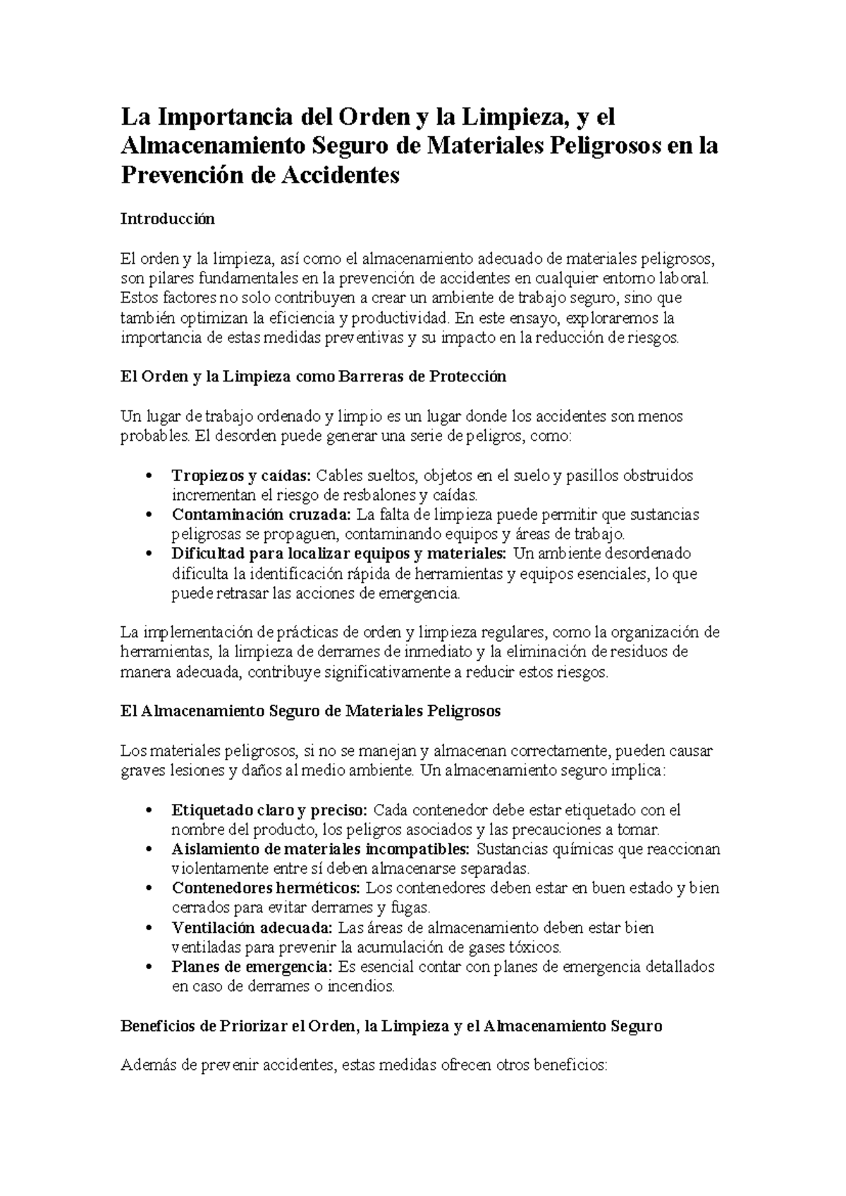 Ensayo De Seguridad Trabajo La Importancia Del Orden Y La Limpieza Y El Almacenamiento