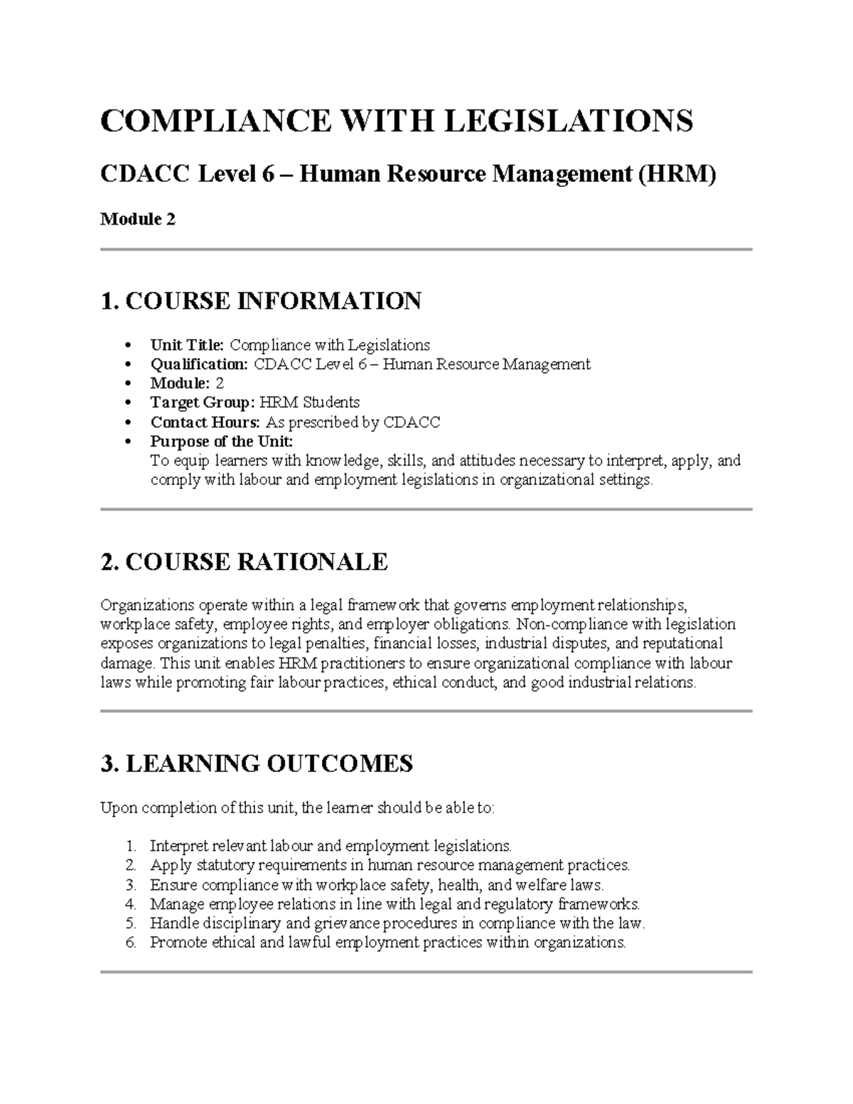 Compliance with Legislations: CDACC Level 6 HRM Module 2 Notes - Studocu