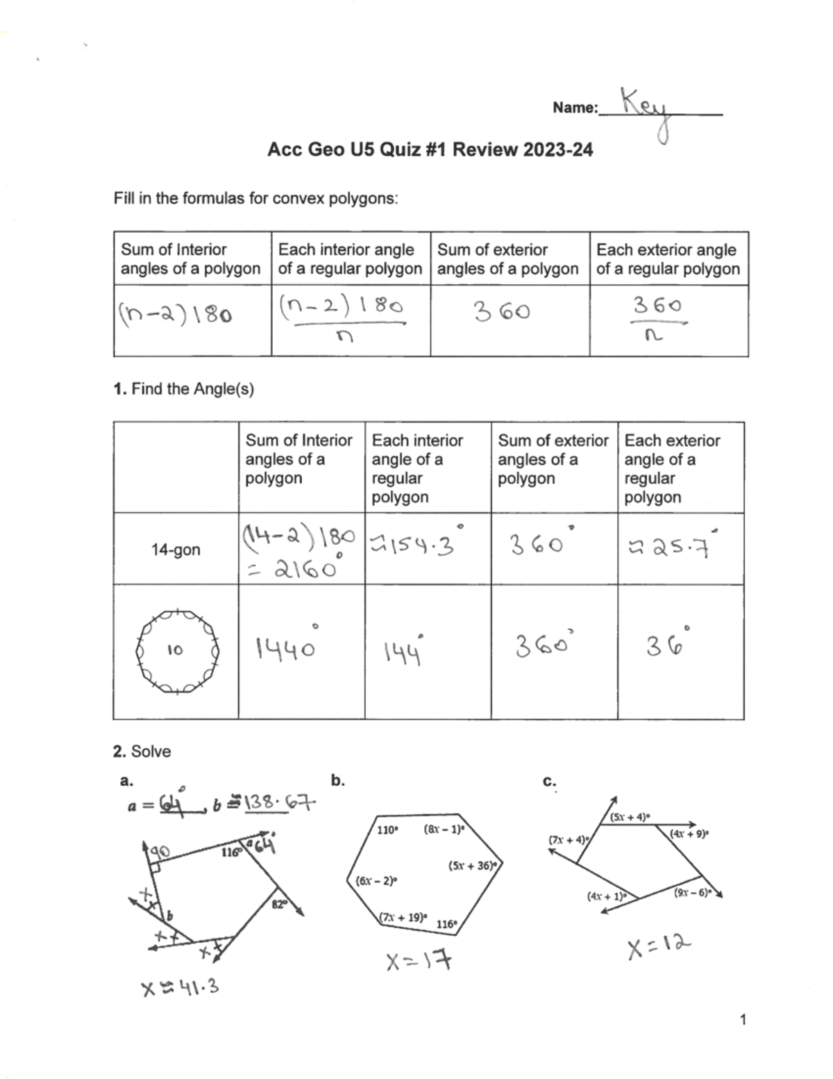 Key Acc Geo U5 Quiz Review: Formulas for Convex Polygons - Studocu