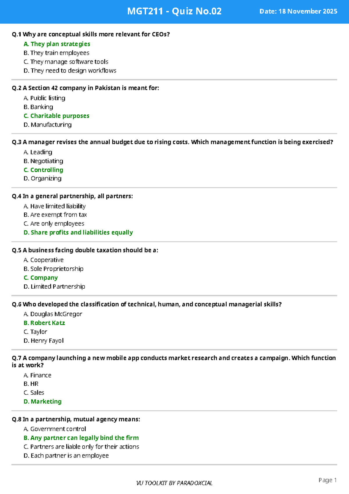 MGT211 - Quiz No.02: Key Concepts and Management Functions - Studocu
