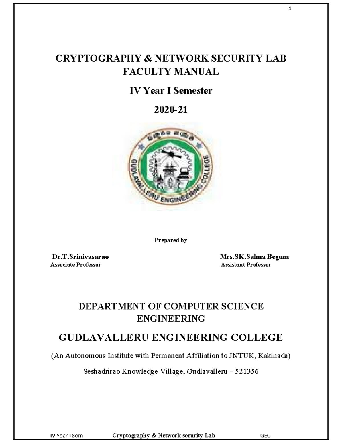 CNS123: IV Year I Sem Cryptography Network Security Lab Manual - Studocu