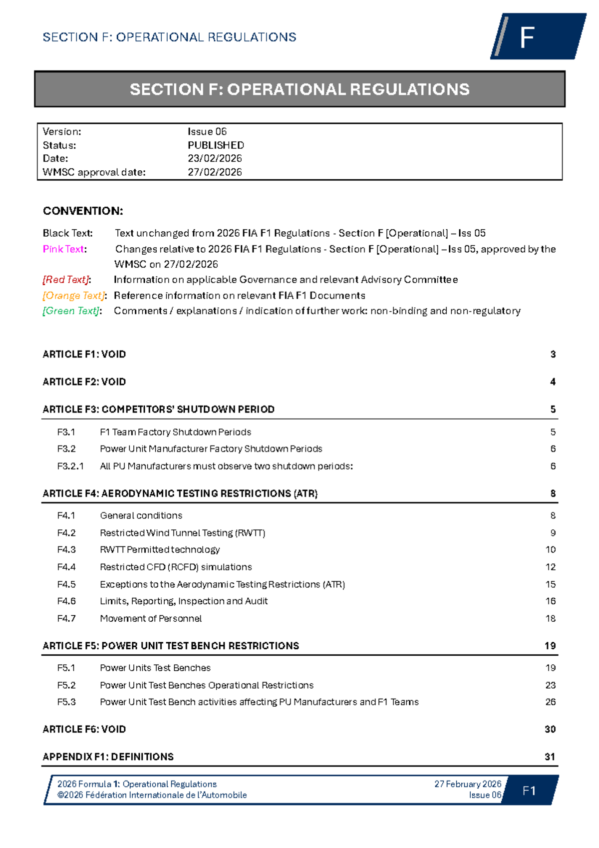 FIA 2026 F1 Regulations: Section F Operational Guidelines - Iss 06 ...