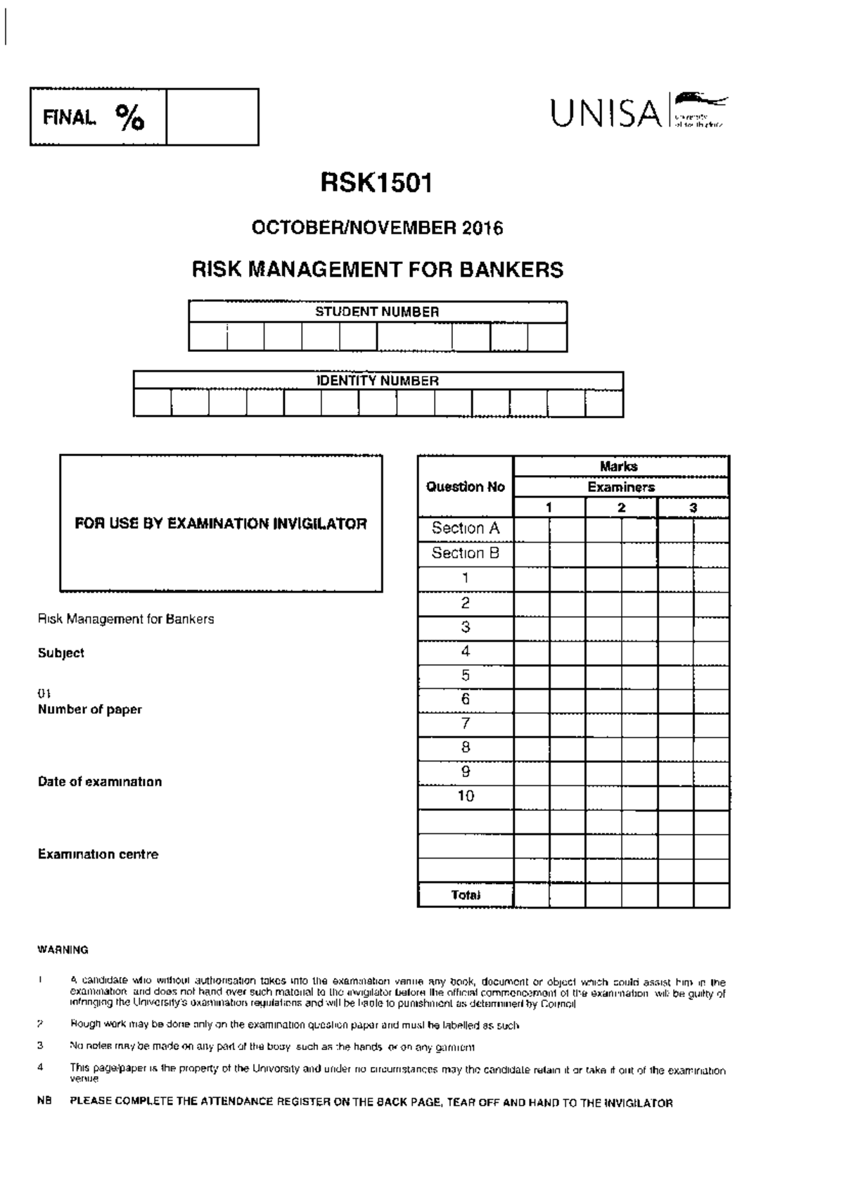 RSK1501 Final Exam Paper: Risk Management for Bankers (Oct/Nov 2016 ...