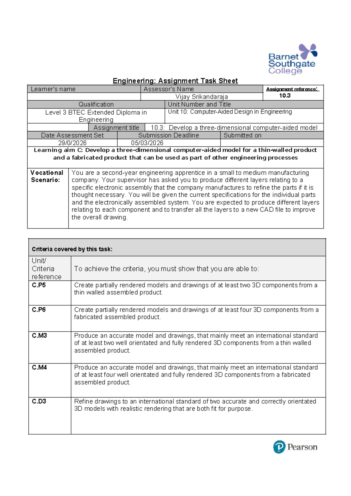 BTEC Level 3 Engineering Assignment 10.3: Model Development Task - Studocu