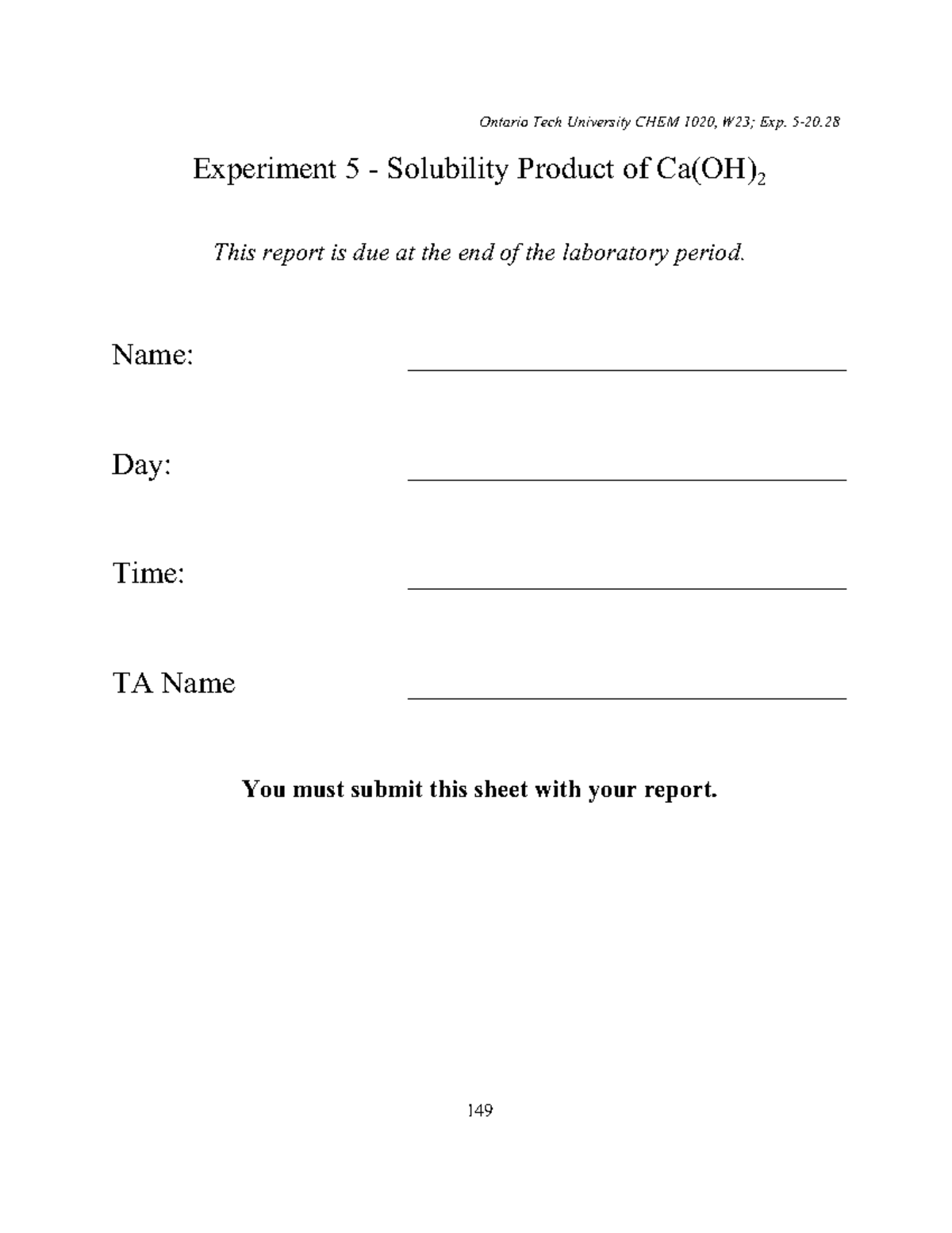 Chem Lab 5 - Solubility Product of Ca(OH)2: Experiment Guide 2023 - Studocu