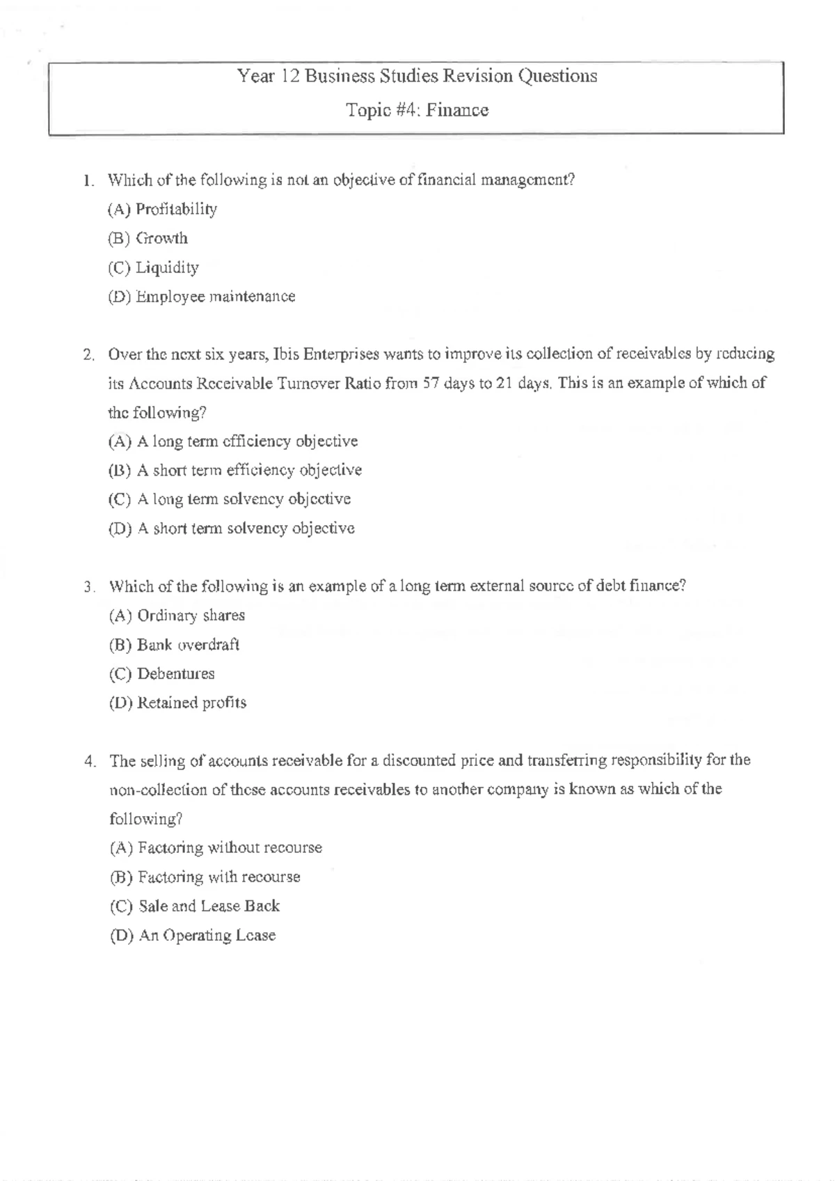 Business Studies - Finance Questions - Penrith - Studocu
