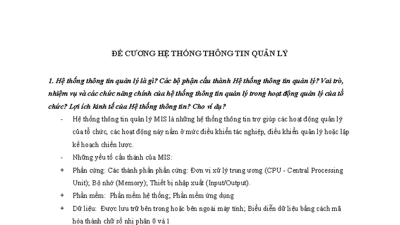 ĐỀ CƯƠNG HỆ THỐNG THÔNG TIN QUẢN LÝ - MIS 1.0 - Document Preview