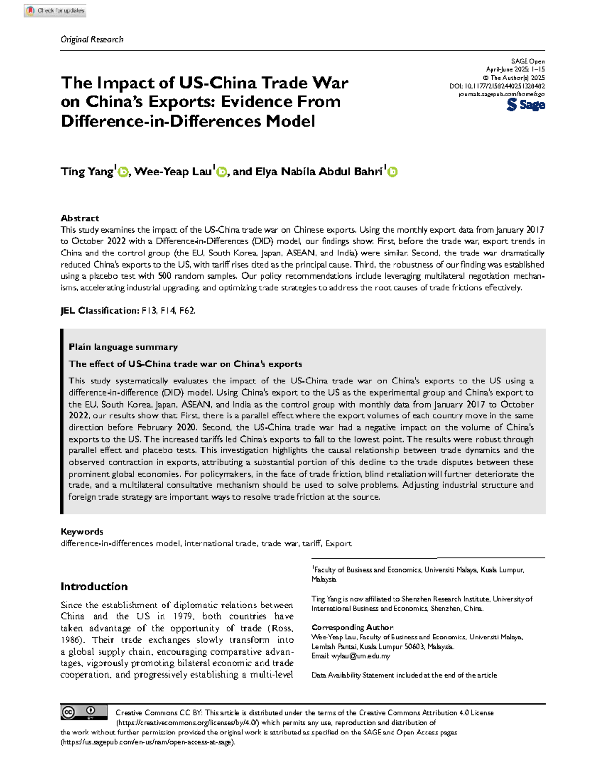 The Impact of the US-China Trade War on China's Exports: A DID Analysis ...