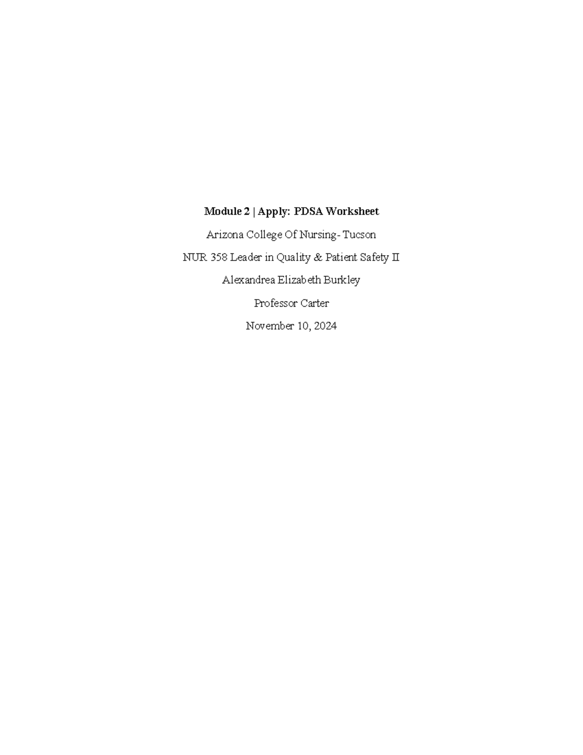 NUR 358 Module 2: PDSA Worksheet on Mental Health Strategies - Studocu