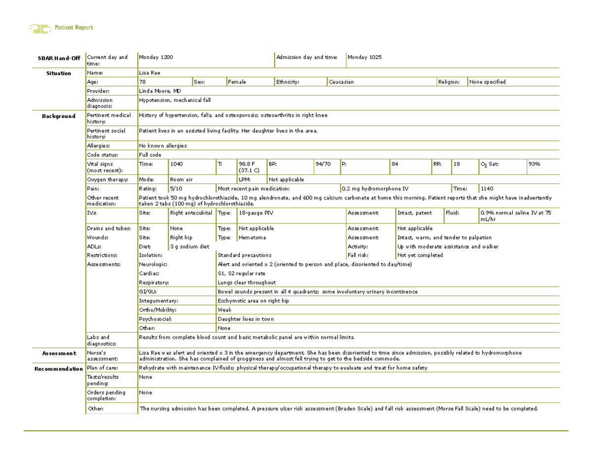SBAR Report: Patient Lisa Rae Admission Simulation - Hypotension Case ...