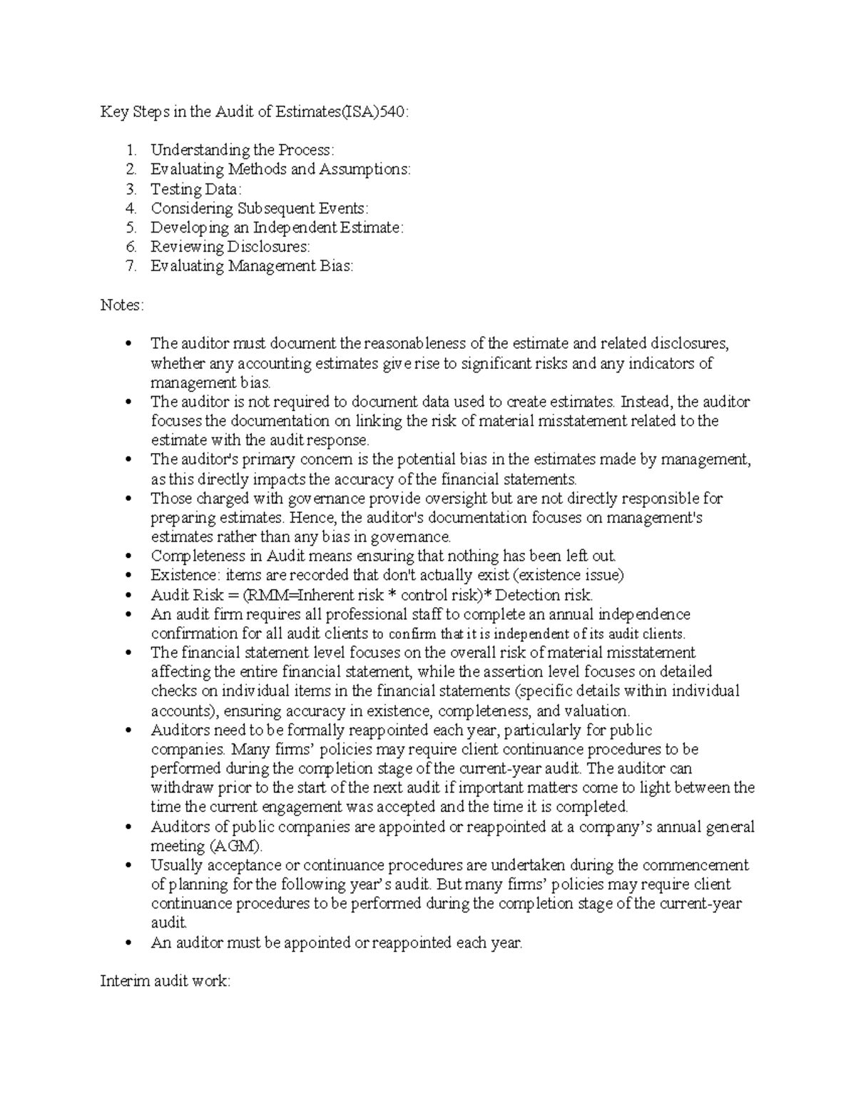 Audit MCQ Notes V1: Key Steps in ISA 540 Audit of Estimates - Studocu