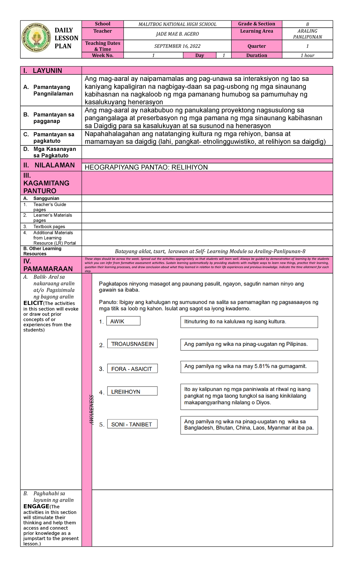 DLP-AP8 Q1 M3: Lesson Plan on Human Geography and Religion - Studocu