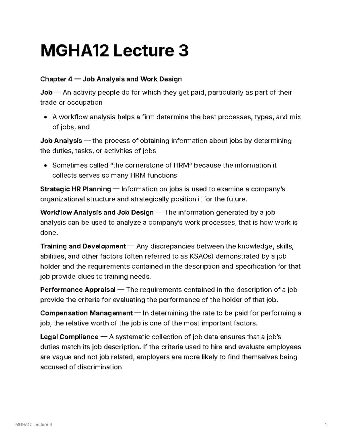 MGHA12 Lecture 3: Job Analysis & Work Design Overview - Studocu