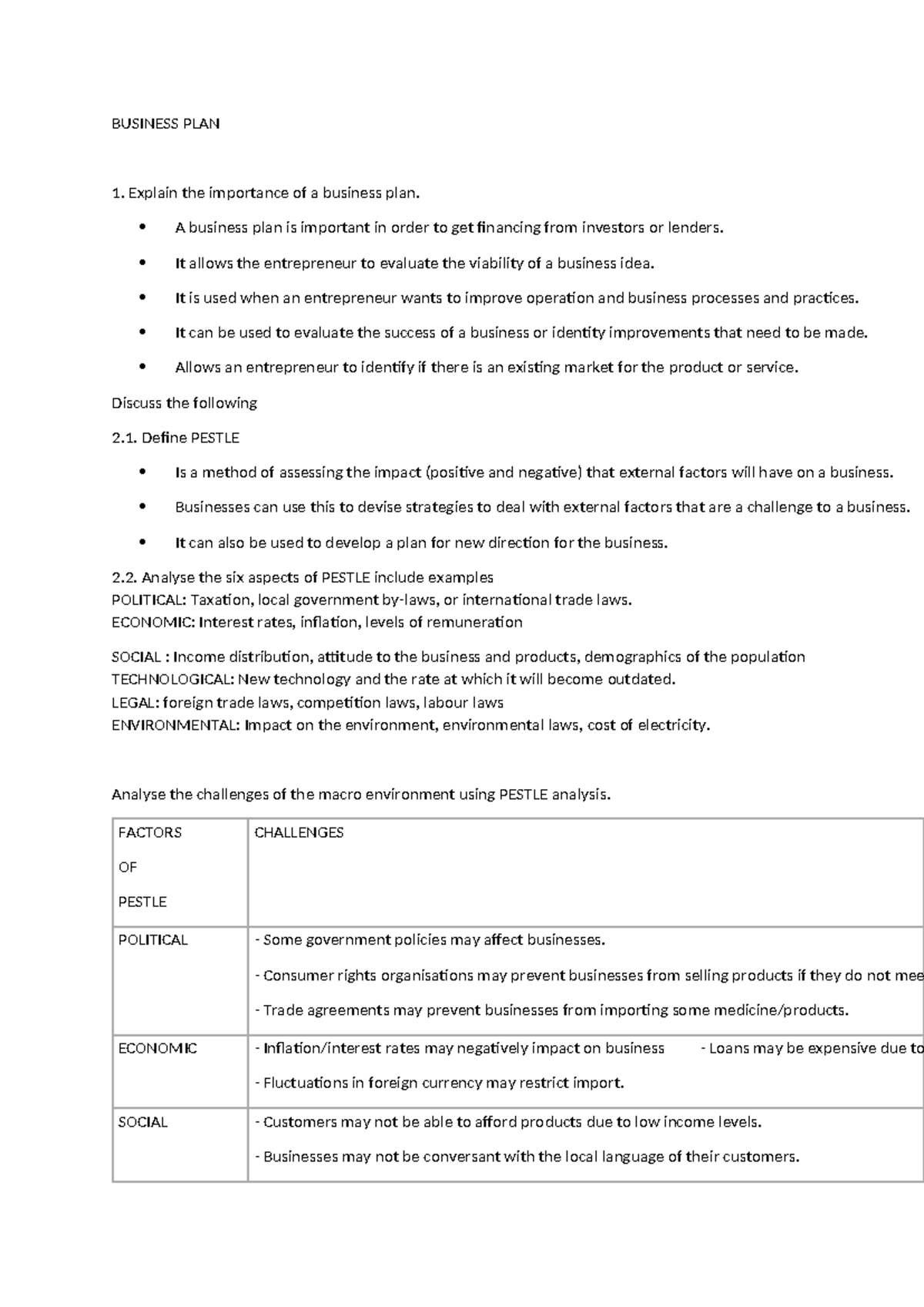 BUS 101: Comprehensive Business Plan Notes and PESTLE Analysis - Studocu