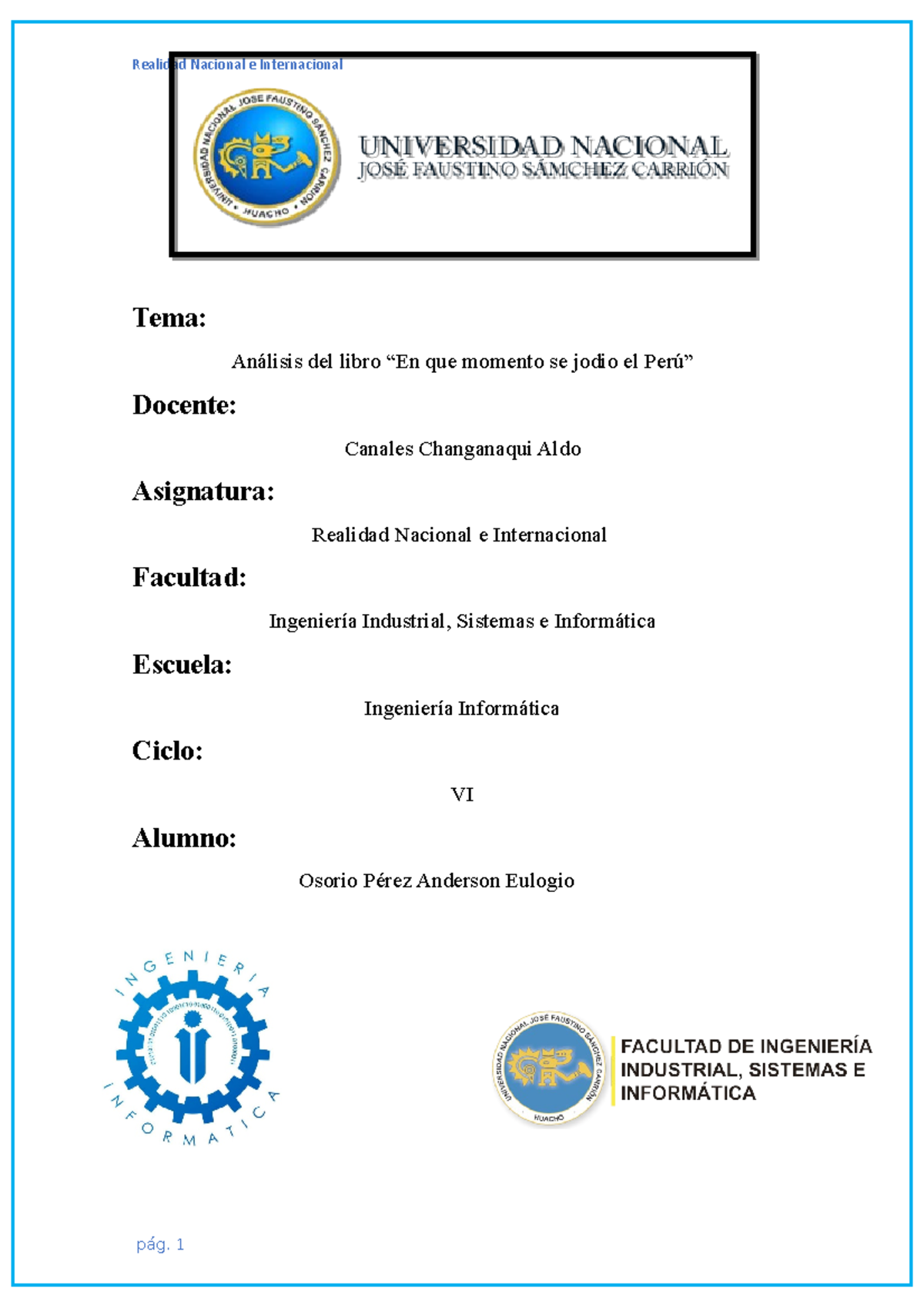 Análisis del libro “En qué momento se jodió el Perú” - Realidad Nacional - Document Preview