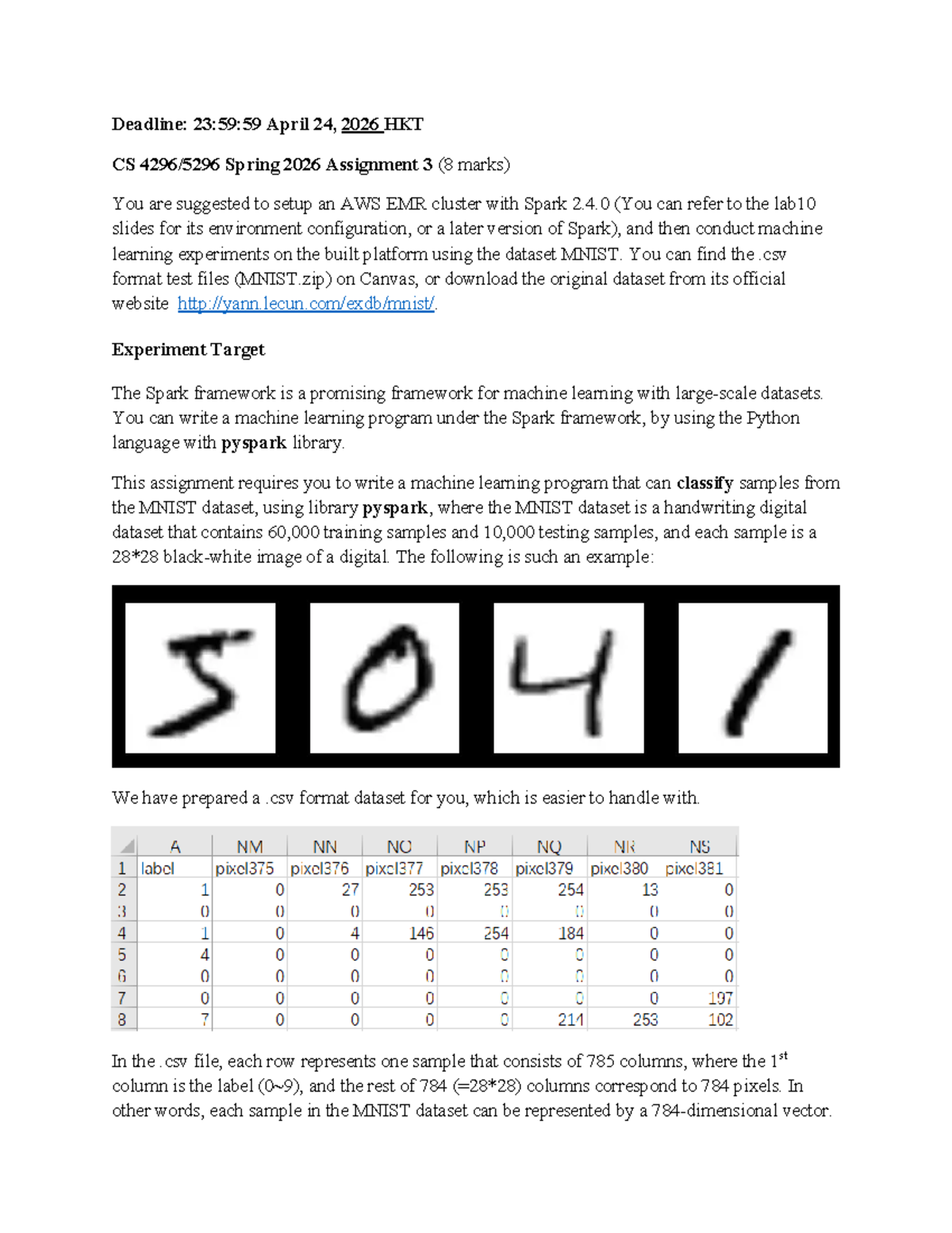 CS Spring 2026 Assignment 3: AWS EMR & MNIST ML Experiments - Studocu