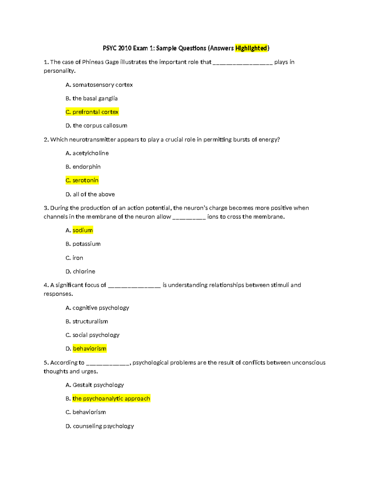 PSYC 2010 Exam 1 Practice Questions with Answers Highlighted - Studocu