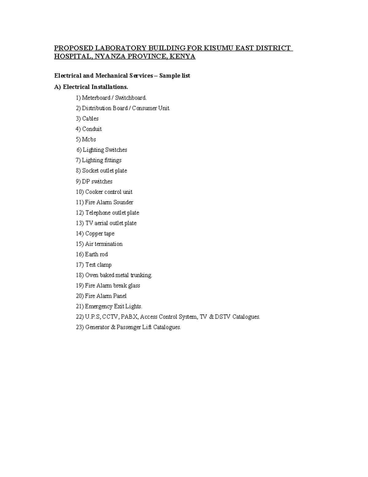 R310 Electrical & Mechanical Services Sample List for Lab Building ...