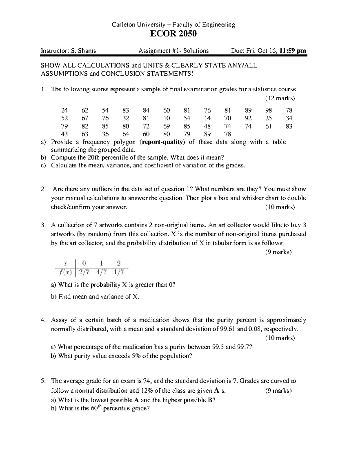 Assignment 1 Solutions for ECOR 2050 - Engineering Statistics - Studocu