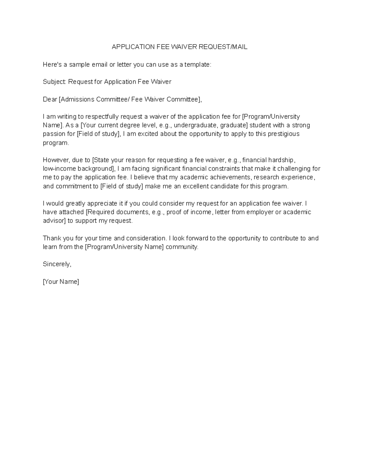 APPLICATION FEE WAIVER REQUEST TEMPLATE - Studocu