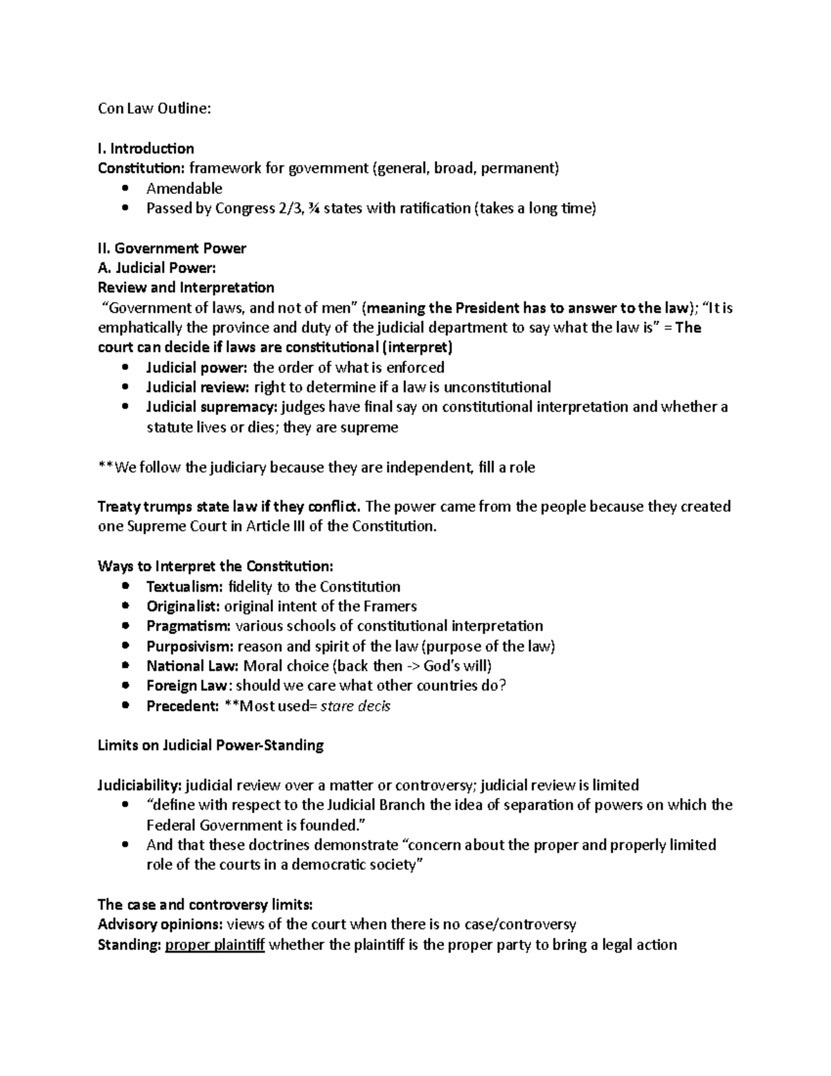 Constitutional Law Outline - Con Law Outline: I. Introduction ...