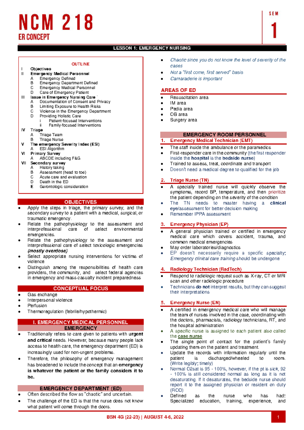 Emergency Nursing Care ER 101 - Final Notes Summary - Studocu