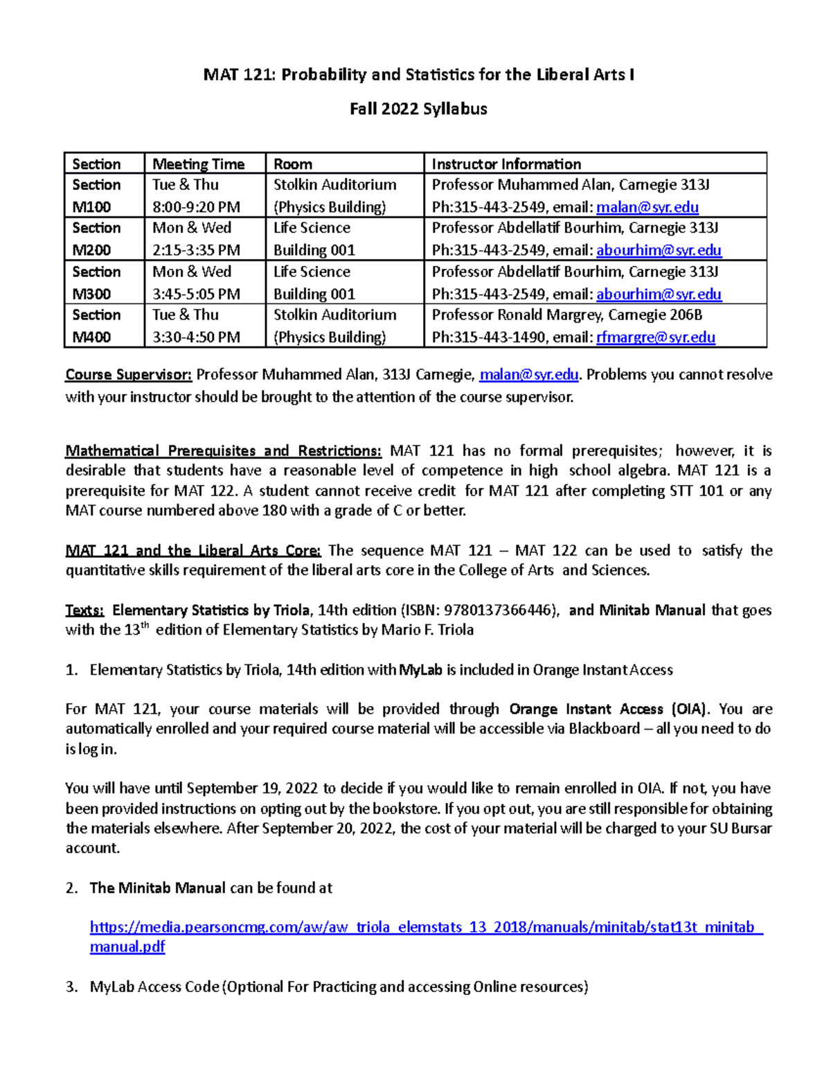 MAT 121 Fall 2022: Syllabus and Course Information Guide - Studocu