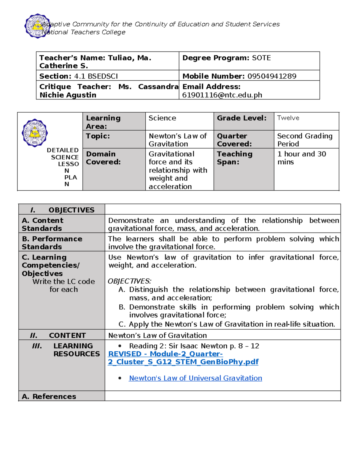 Lesson Plan 7E: Gravitational Force and Newton's Laws for G12 Science ...