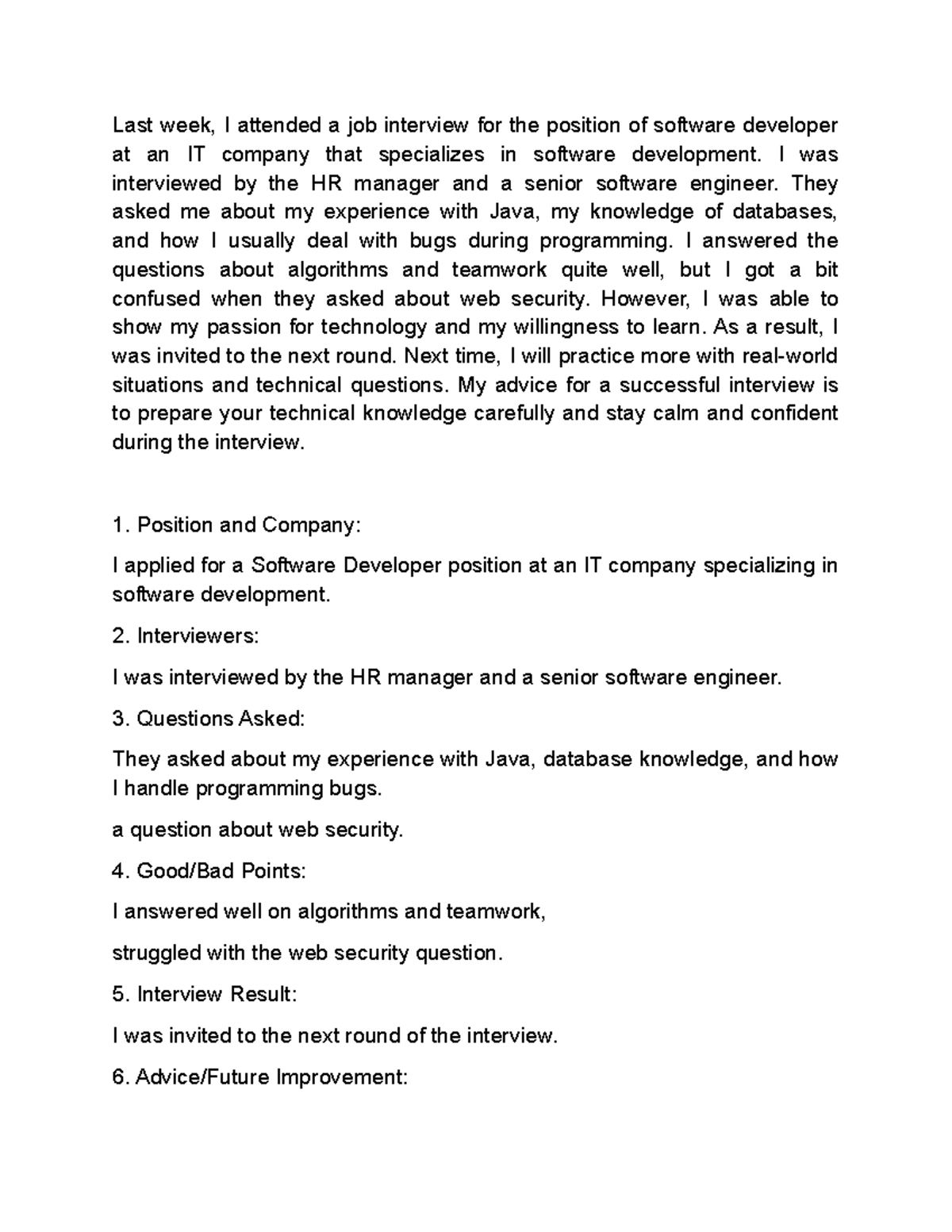 IT2 w8 - Software Developer Interview Experience and Insights - Studocu