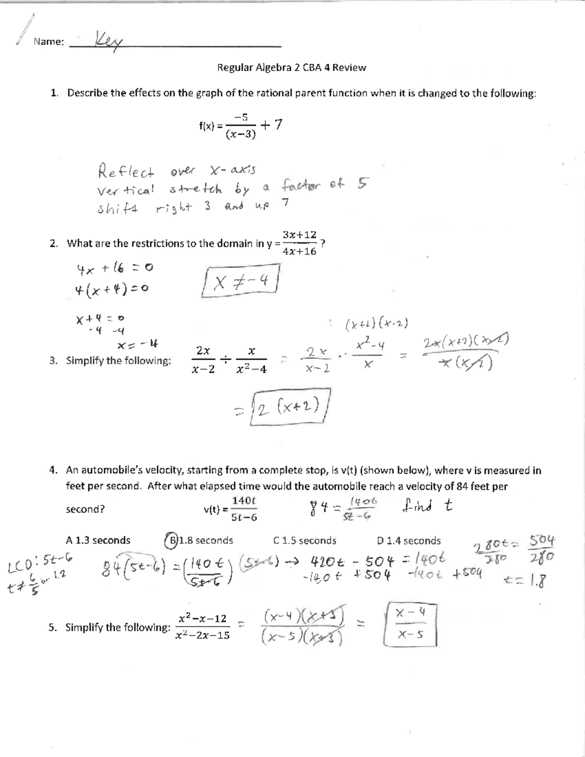 Key Algebra 2 CBA 4 Review: Graph Transformations & Asymptotes - Studocu