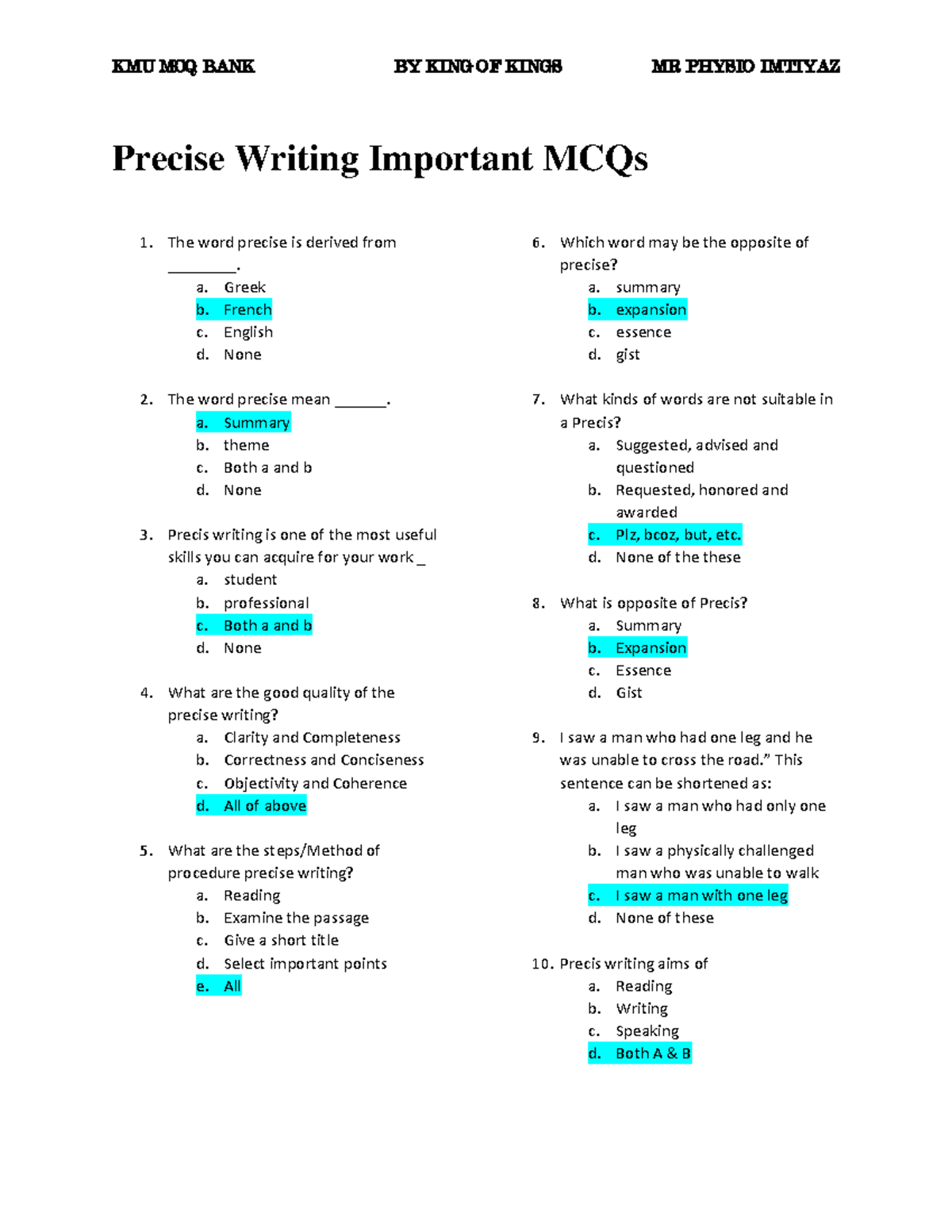 KMU 2nd Sem Precise Writing MCQ Bank - Essential Questions - Studocu