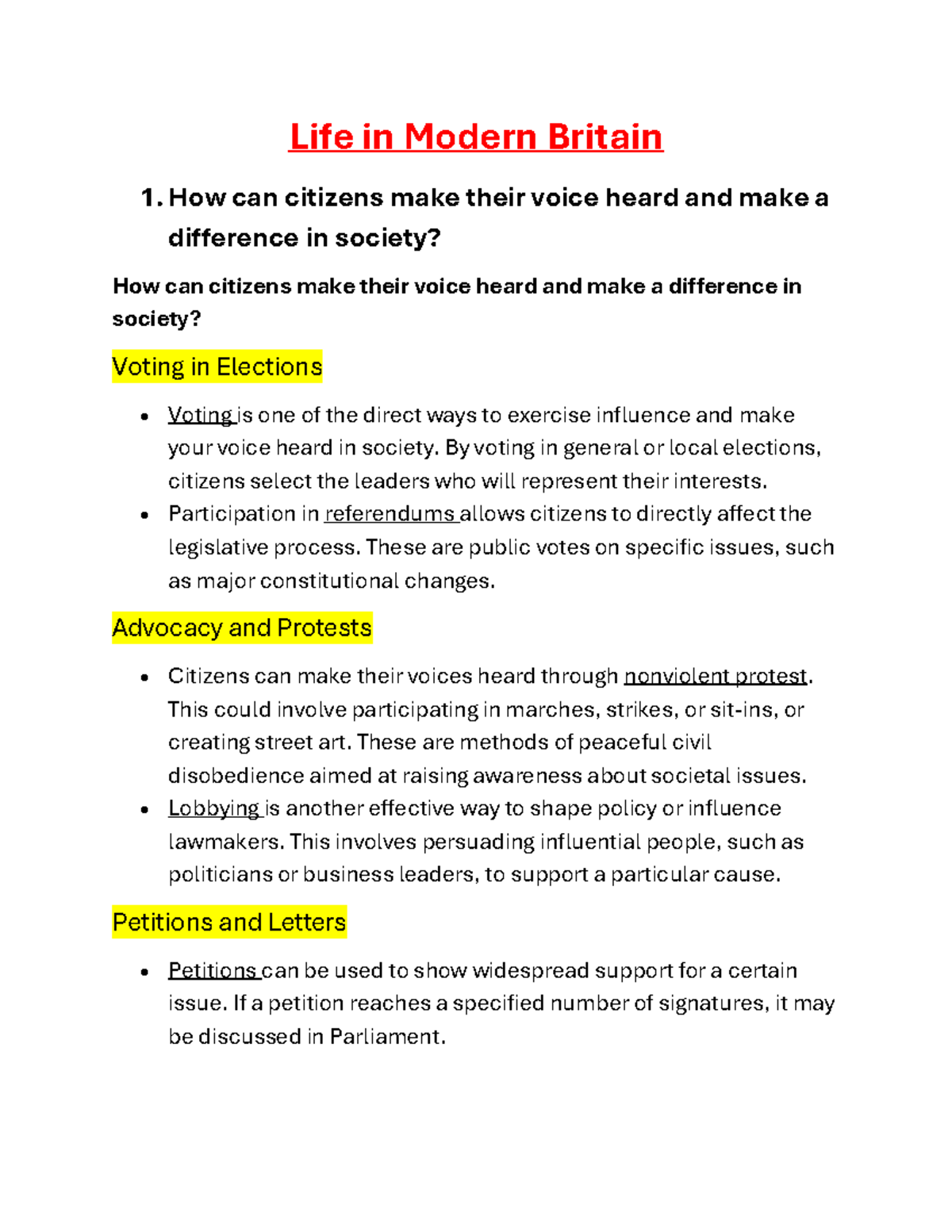 Life In Modern Britain - How can citizens make their voice heard and ...