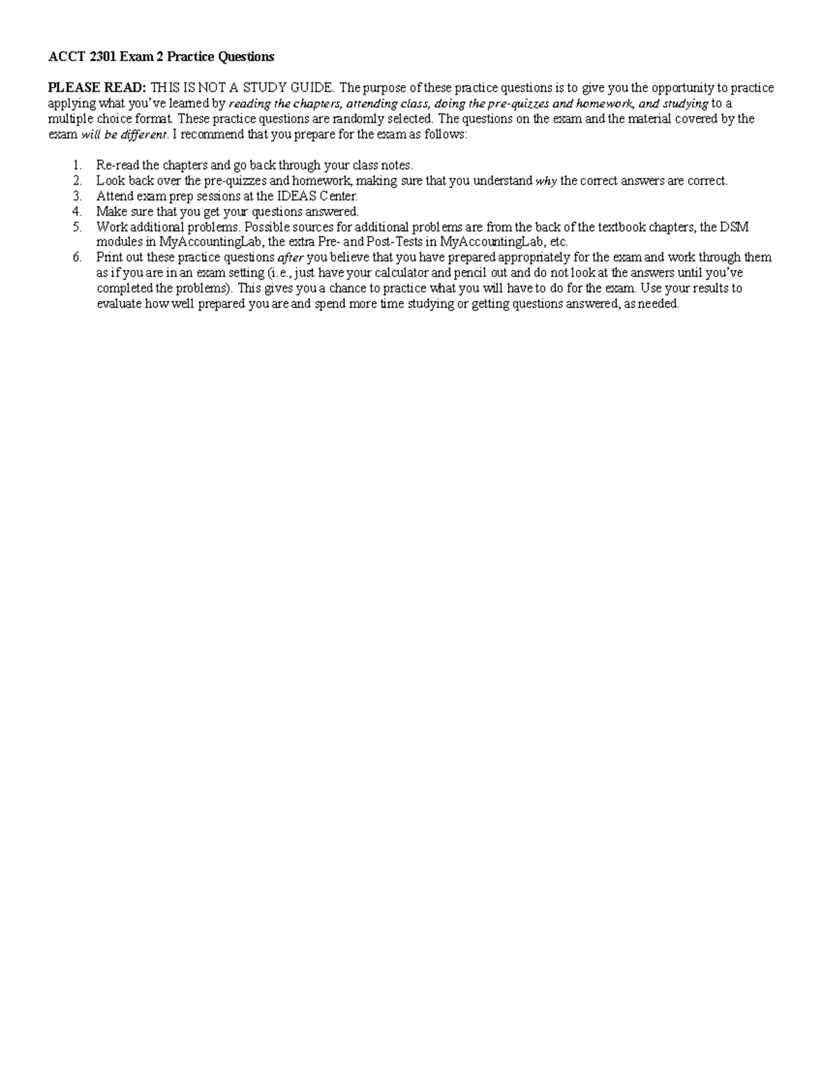 ACCT 2301 F18 Exam 2 Practice Test Questions & Answers - Studocu