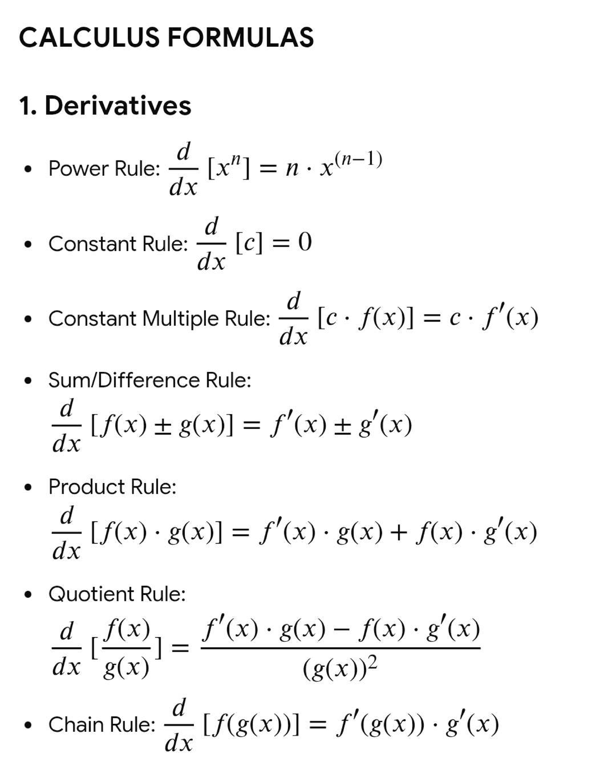 CALC 101: Essential Derivative & Integral Formulas Guide - Studocu