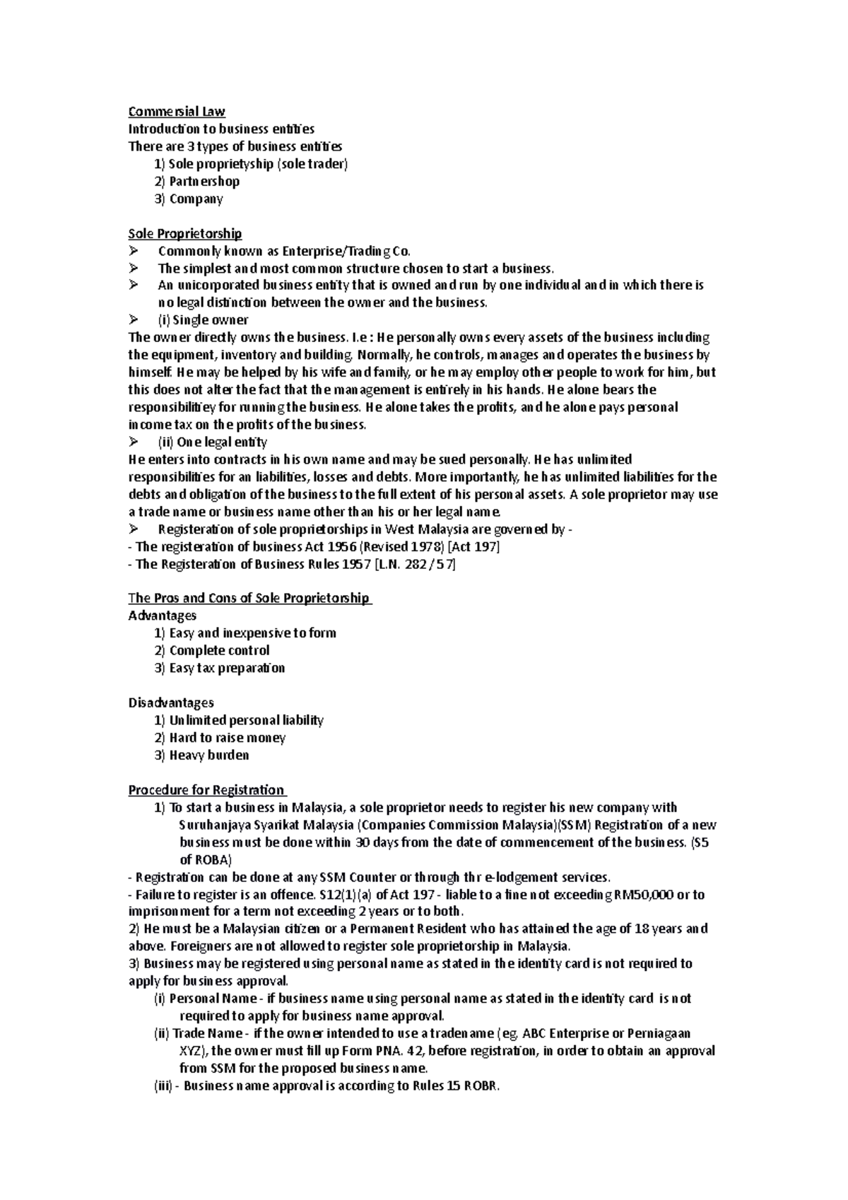 Commercial Law Topic 1 - Lecture Notes on Sole Proprietorships - Studocu