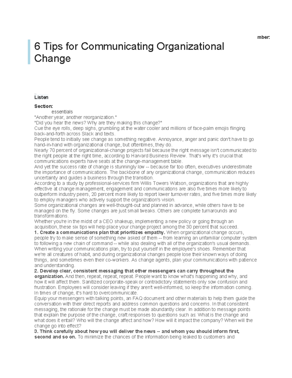 WEEK 3 Article: 6 Key Tips for Effective Change Communication - Studocu