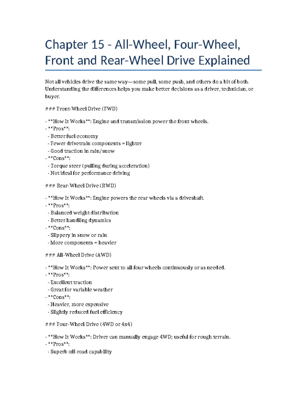 Chapter 15 - Understanding FWD, RWD, AWD, and 4WD Systems - Studocu